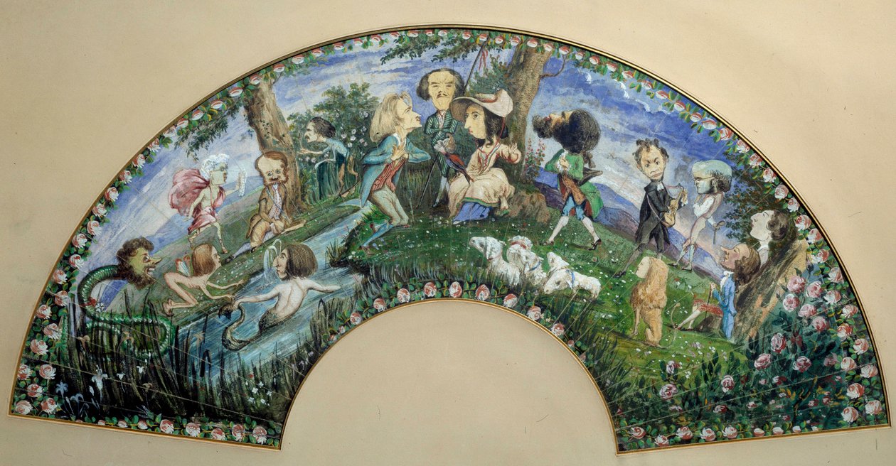 Abanico de caricaturas pintadas en gouache por George Sand (Aurore Dupin, Baronne Dudevant) (1804-1876) y Auguste Charpentier (1815-1880): la mujer de letras George Sand, rodeada por Frederic Chopin, Eugene Delacroix y Franz Liszt. Siglo XIX París de George Sand