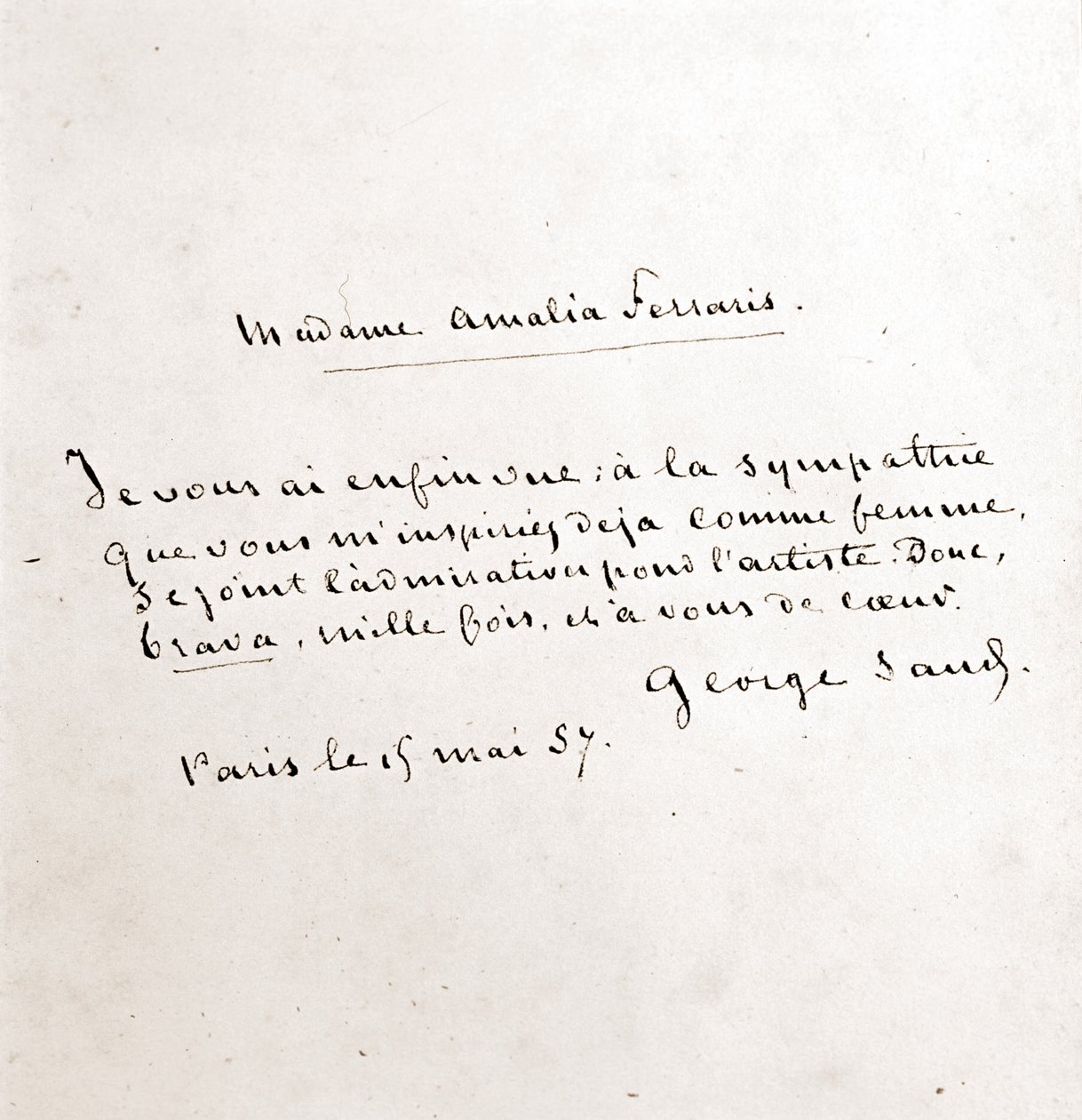 Carta de George Sand (Aurore Dupin, Baronesa Dudevant) a Madame Amalia Ferraris, París 19 de marzo de George Sand