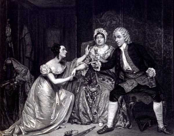 Mr Blanchard, Mrs Davenport y Miss M. Tree como Peachum, Mrs Peachum y Polly en 