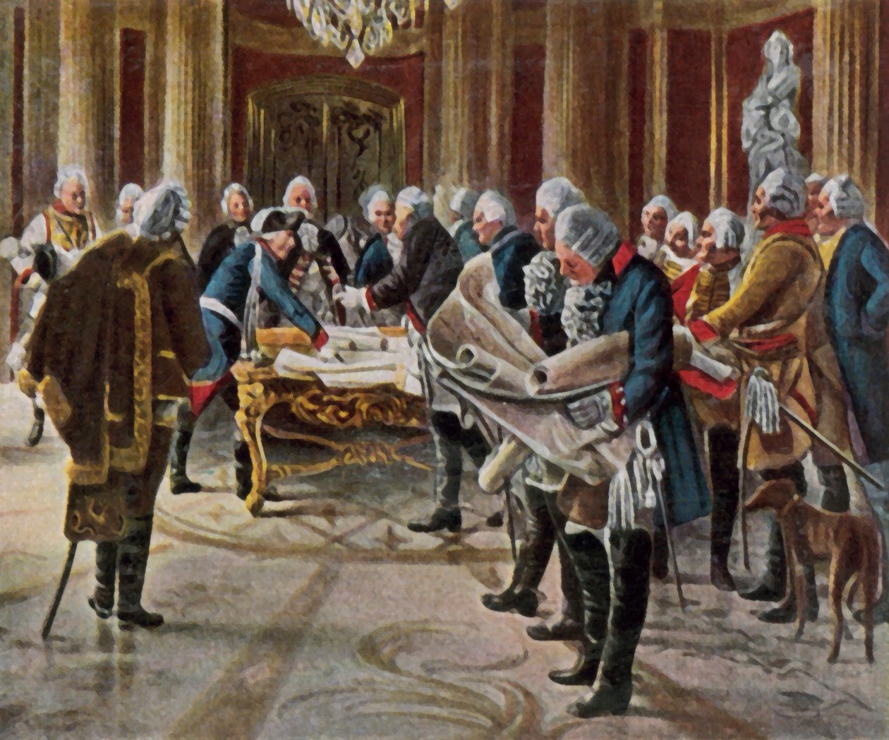 Federico el Grande celebra un consejo de guerra con sus generales, agosto de 1756 (litografía en color realzada) de George (after) Schobel
