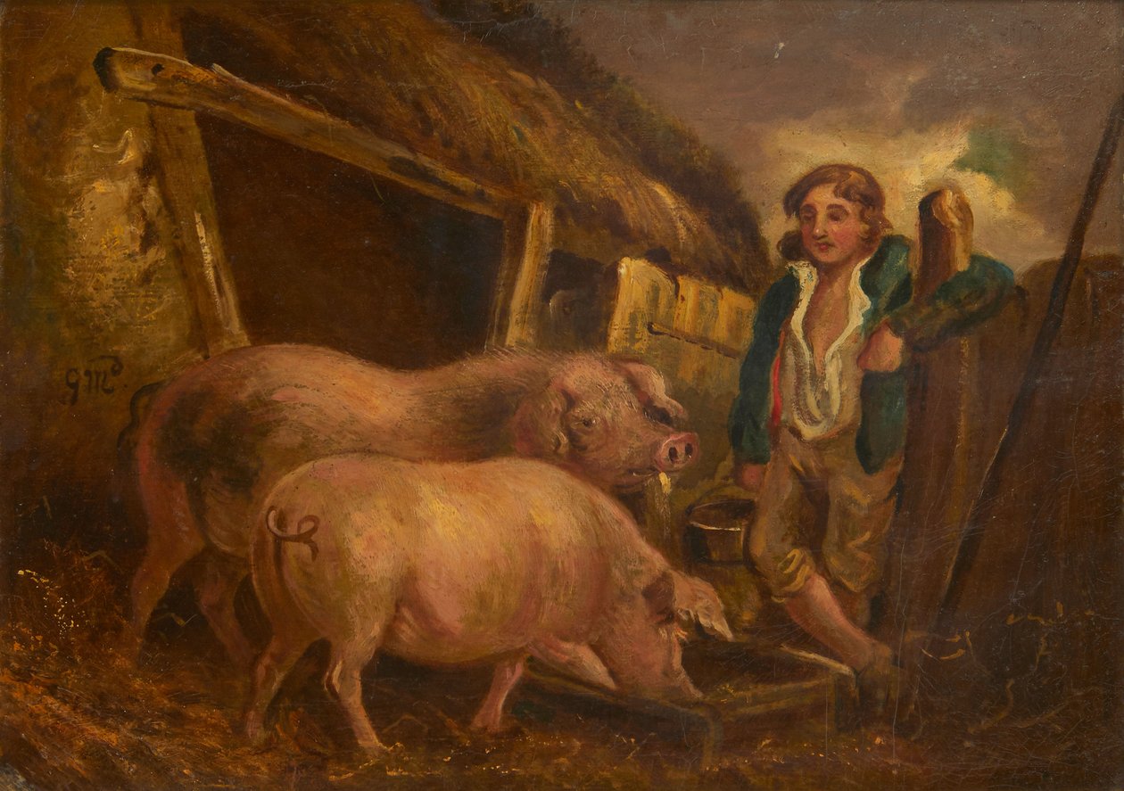 Cuidando a los cerdos premiados de George (follower of) Morland