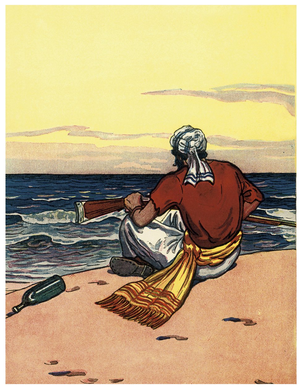 Un pirata abandona en una isla desierta y mira la línea del horizonte. Ilustración de 