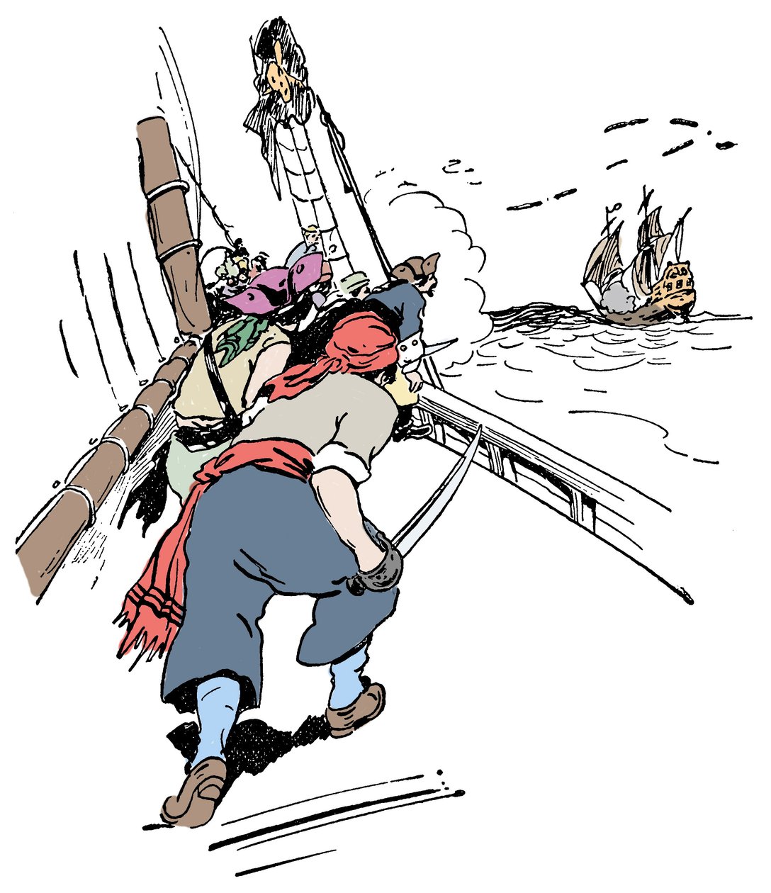 Un barco pirata persiguiendo un barco. Ilustración de "El libro de los piratas y los grandes corsarios" de George Albert Williams (1875-1932) 1900 de George Alfred Williams