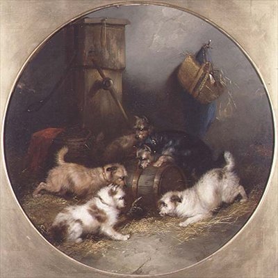 Terriers cazando ratas en un granero de George Armfield