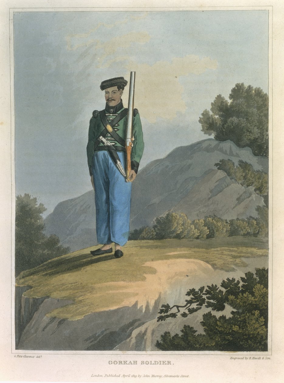 Soldado Gorkah, del Diario de una Ruta a Través de la India y Egipto, grabado por R. Havell y Son, publicado por John Murray, 1819 de George Augustus Fitzclarence