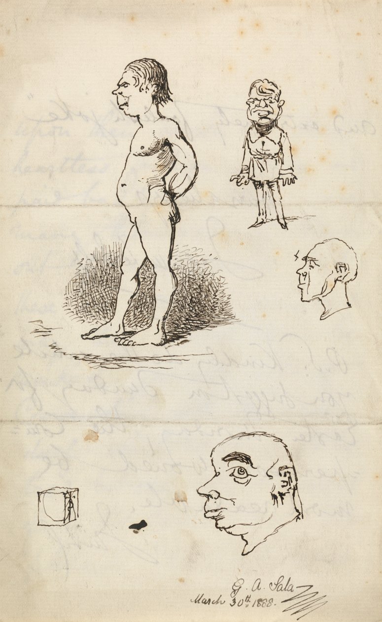 Bocetos: Hombre desnudo, Hombre de pie, Dos perfiles y Caja de George Augustus Sala