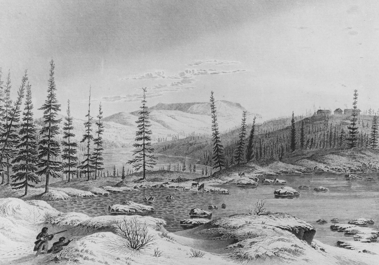 Cazadores acechando caribúes en Fort Enterprize en la expedición de Franklin, 1821 de George Back