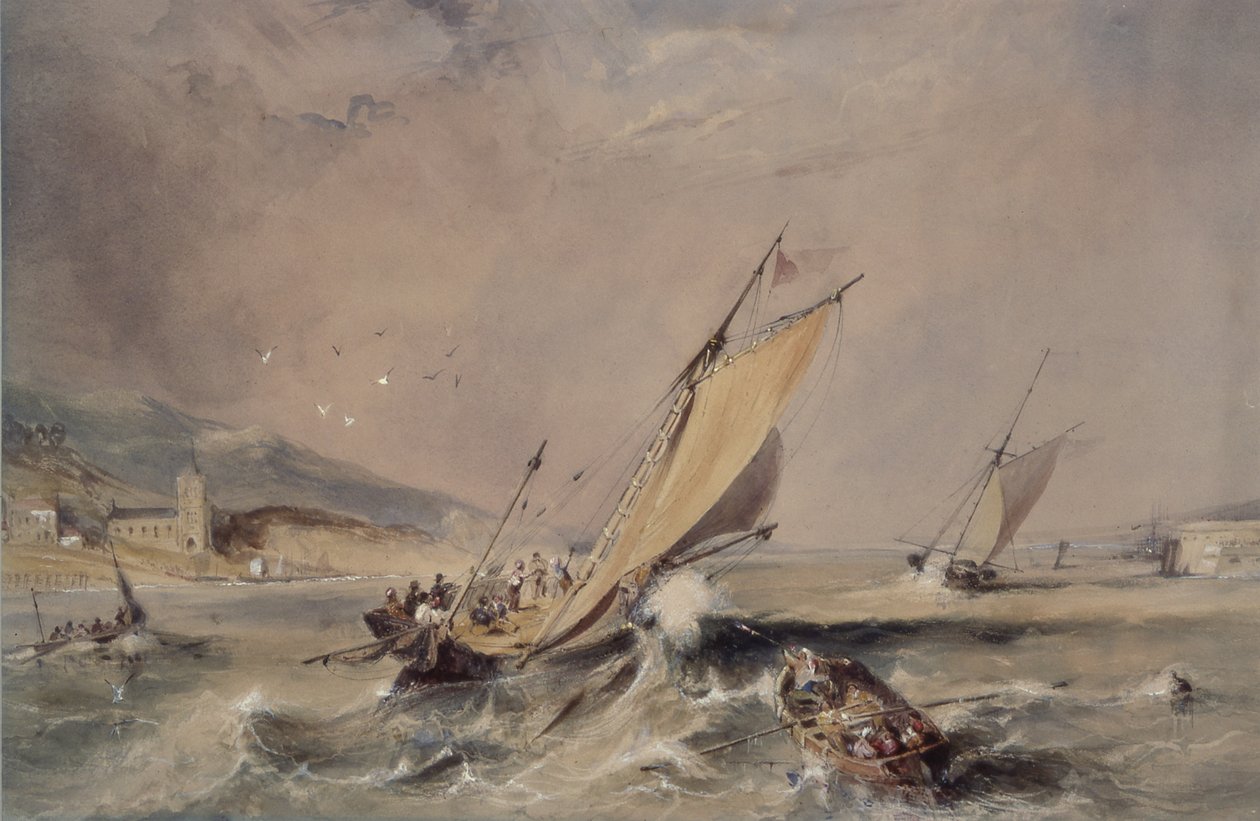 Escena costera: barcos en la entrada de un puerto de George Balmer