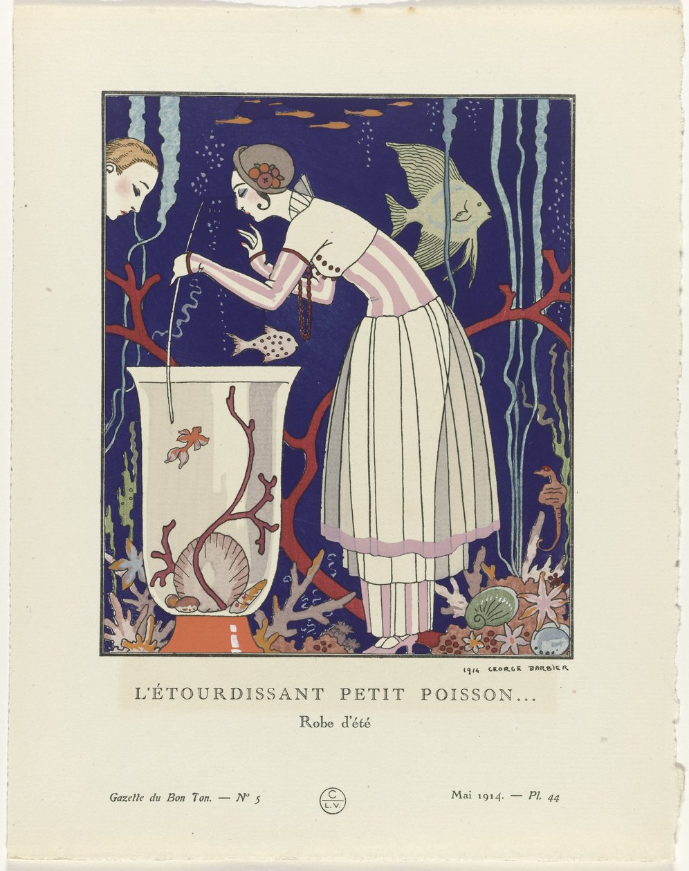 Gazette du Bon Ton, 1914 - No. 5, Pl. 44: El deslumbrante pececito (...) / Vestido de verano (título sobre objeto) de George Barbier