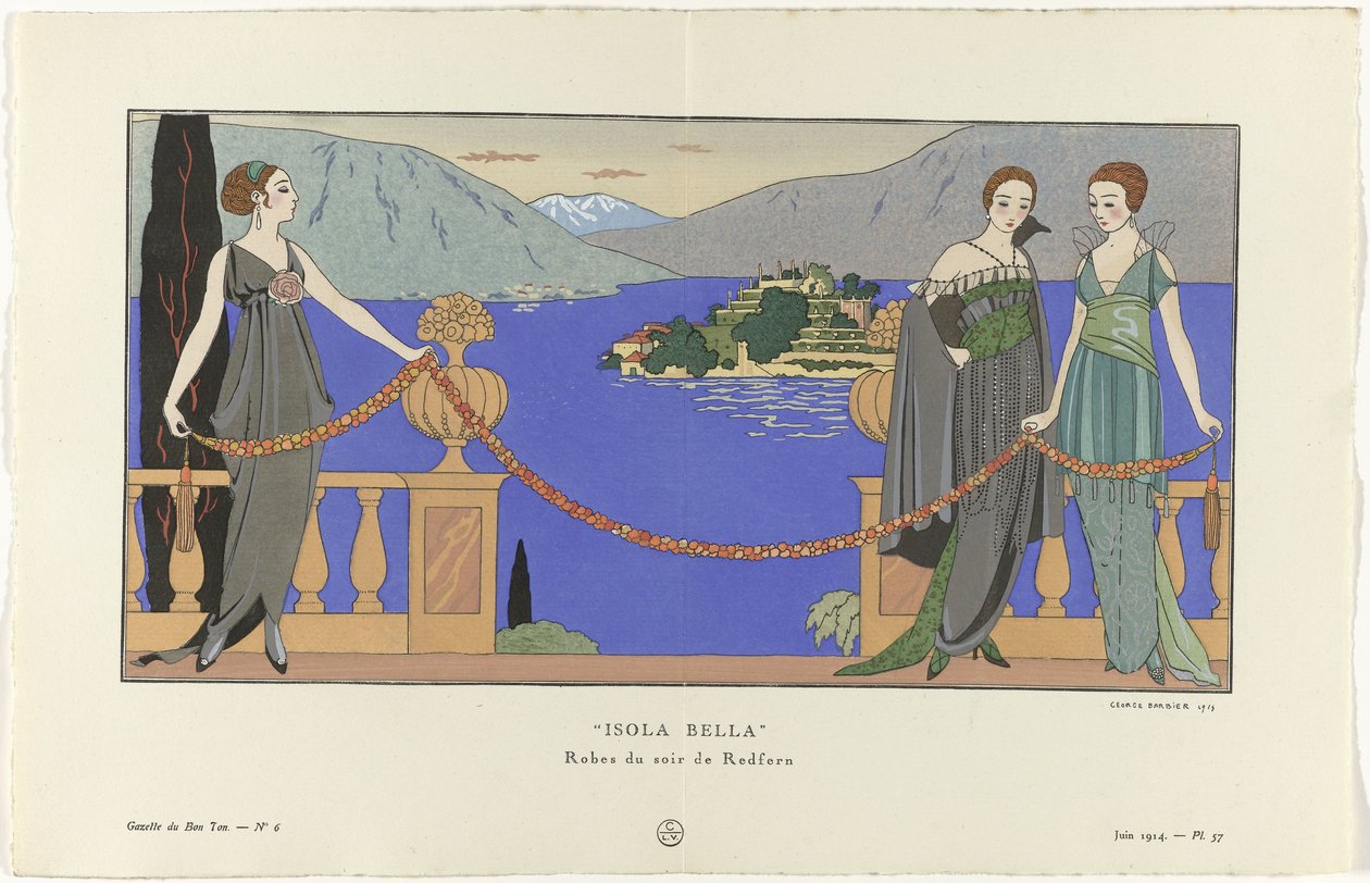 Gazette du Bon Ton, 1914 - No. 6, Pl. 57: Isola Bella/ Vestidos de noche de Redfern (título sobre objeto) de George Barbier