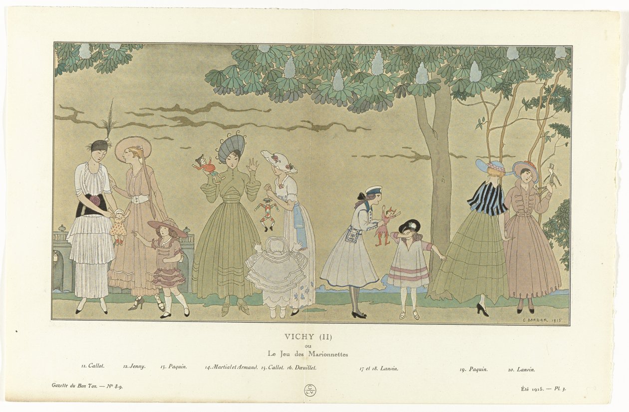 Gazette du Bon Ton, verano de 1915 - Nº 8-9, Pl. 3: Vichy (II) / o / Le Jeu des Marionnettes (título en el objeto) de George Barbier