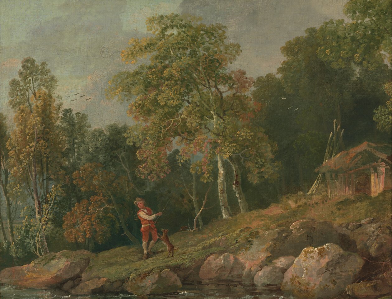 Paisaje arbolado con un niño y su perro de George Barret