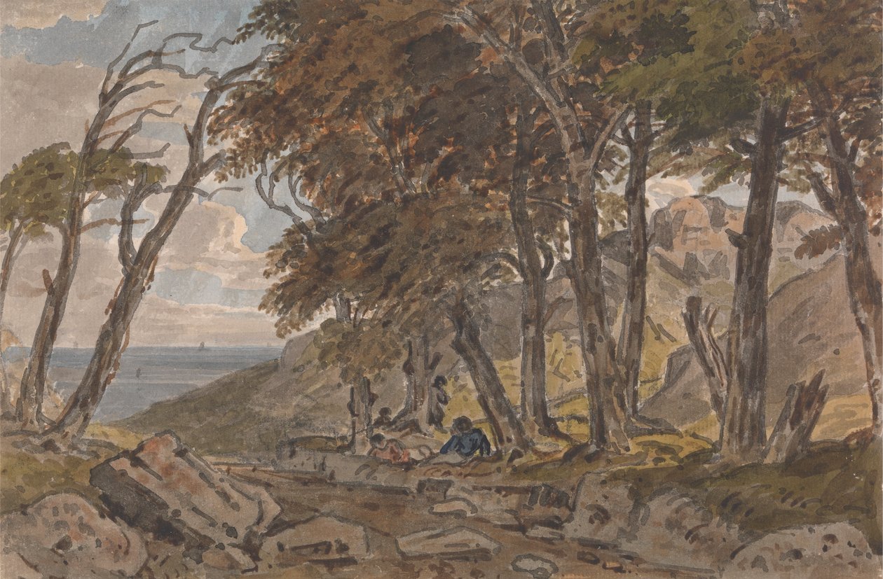 Figuras en la orilla de un camino arbolado, con el mar a lo lejos a la izquierda de George Barret Jr.