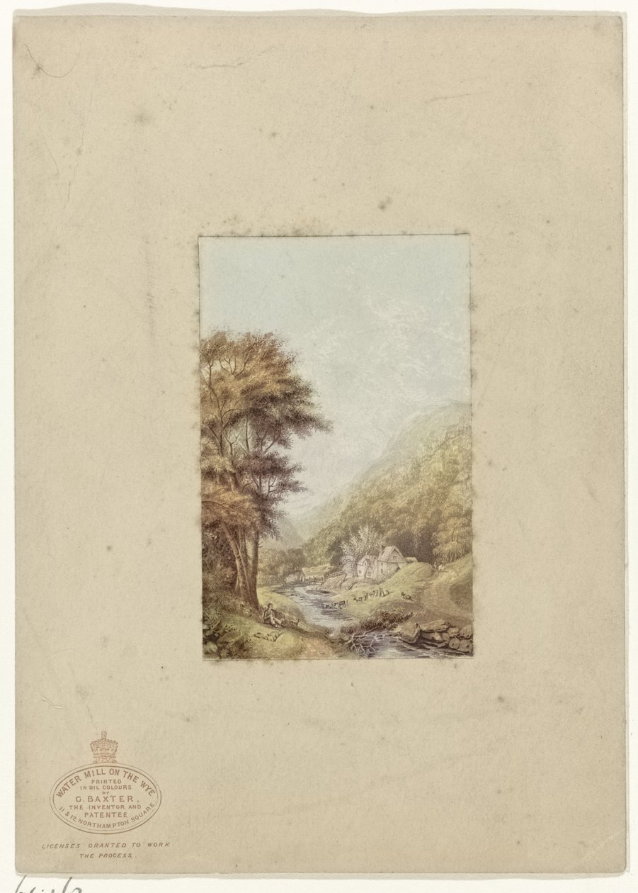 Paisaje montañoso con un arroyo Molino de agua en Wye (título sobre el objeto) de George Baxter