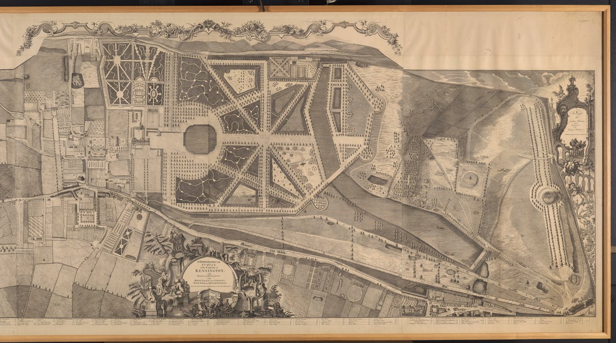 Levantamiento topográfico de la parroquia de Kensington con planos y elevaciones del Palacio Real y sus jardines, Hyde Park y Knightsbridge de George Bickham