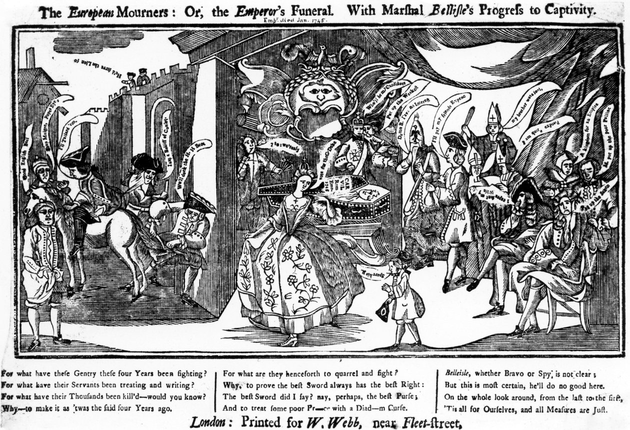Los dolientes europeos, o el funeral del emperador con el progreso de Belleisle hacia la cautividad, 1745 de George Bickham