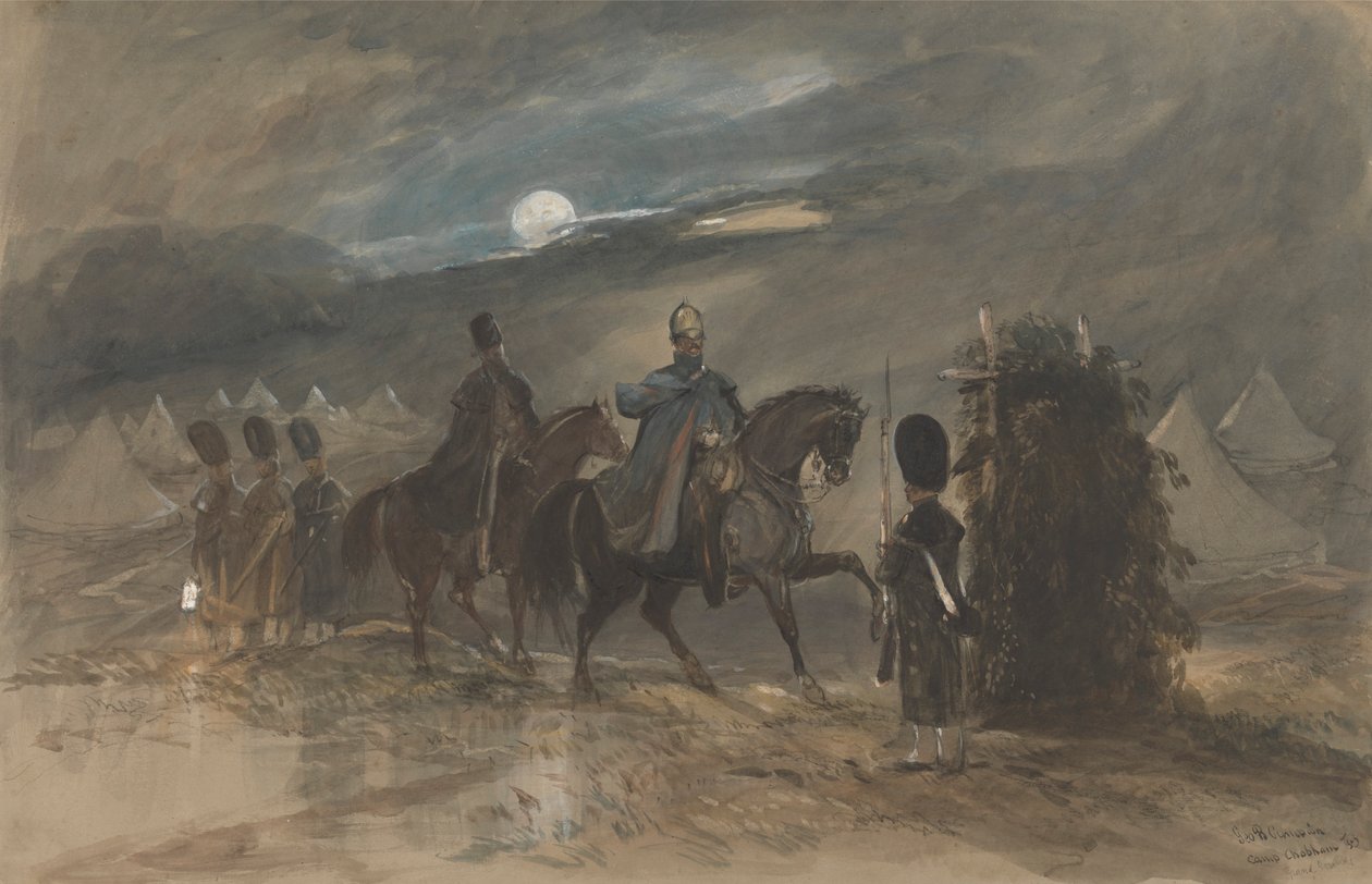Campamento en Chobham, 1853 con oficiales y centinela de George Bryant Campion