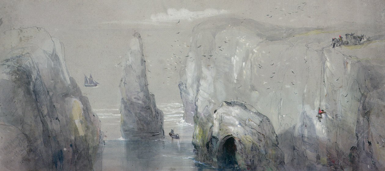 Vista de Flamborough Head, mostrando un grupo de hombres recogiendo huevos de gaviota de George Bryant Campion