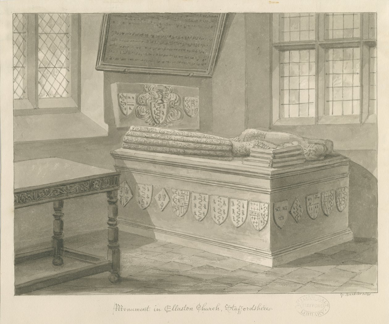 Iglesia de Ellastone - Monumento a Sir John Fleetwood: dibujo en sepia, 1841 de George Buckler