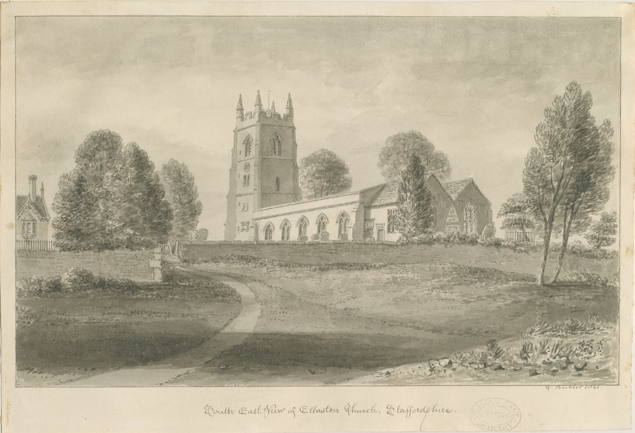 Iglesia de Ellastone: dibujo a sepia, 1841 de George Buckler