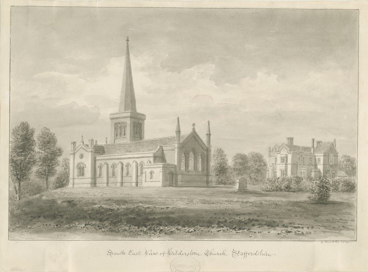 Iglesia de Hilderstone: dibujo en sepia, 1841 de George Buckler