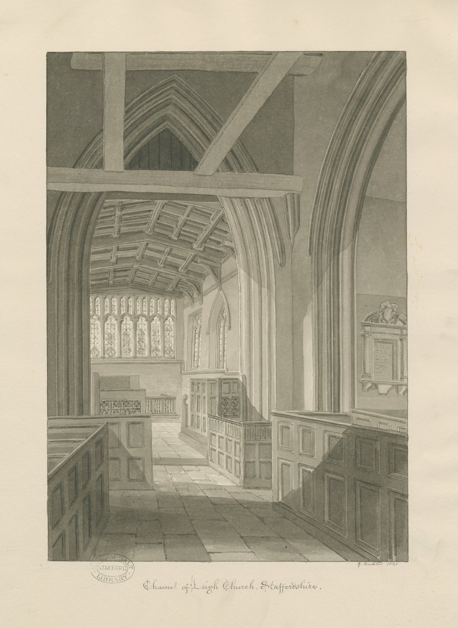 Interior de la Iglesia de Leigh: dibujo en sepia de George Buckler