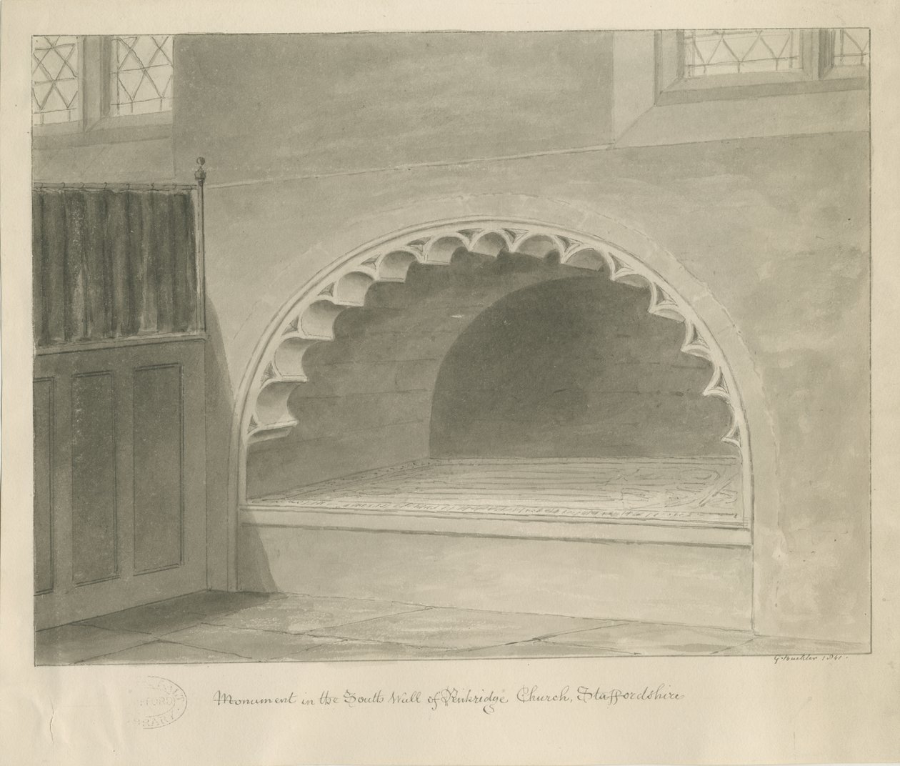 Iglesia de Penkridge - Monumento en la Pared Sur: dibujo en sepia, 1841 de George Buckler