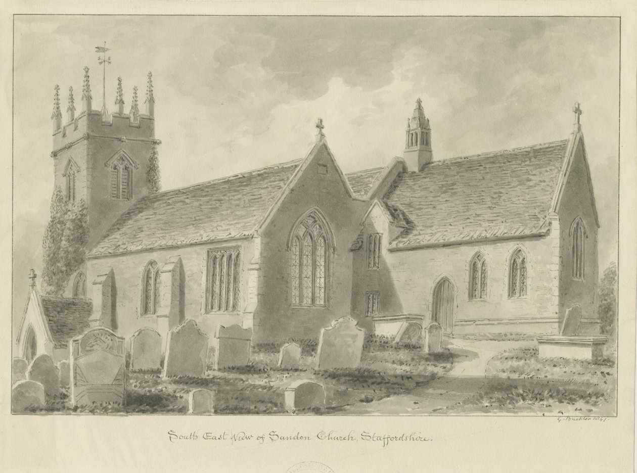 Iglesia de Sandon: dibujo en sepia, 1841 de George Buckler