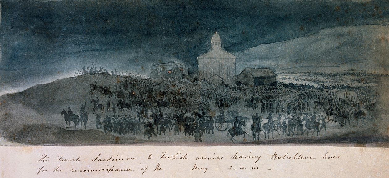 Los ejércitos francés, sardo y turco saliendo de las líneas de Balaklava para un reconocimiento, 1854 circa de George Cadogan