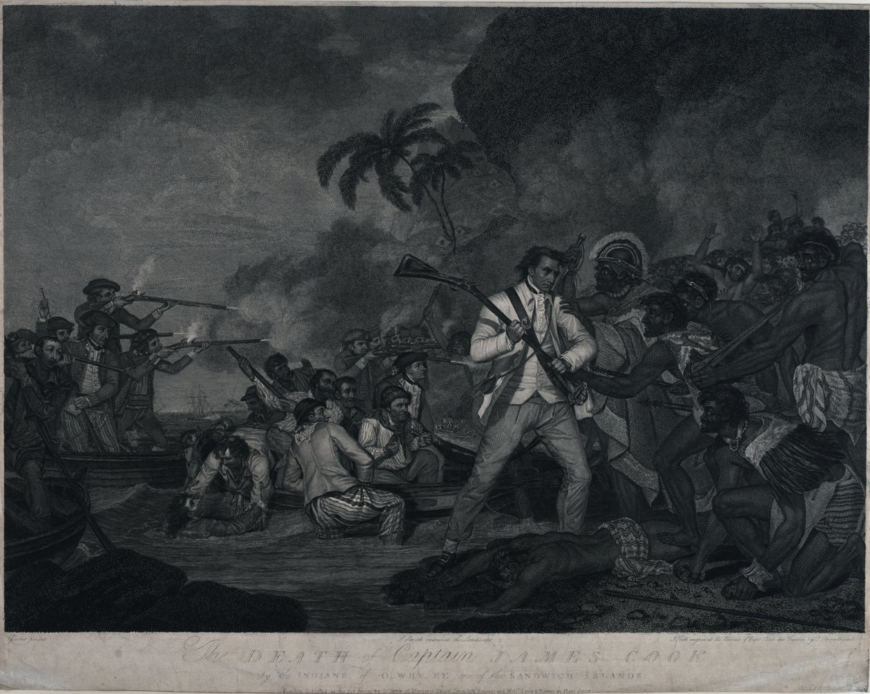 La muerte del capitán James Cook a manos de los indios de Owhyee, una de las islas Sandwich de George Carter