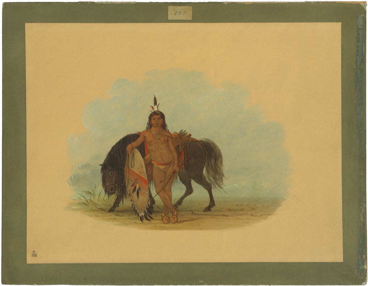 Un guerrero cheyenne descansando con su caballo de George Catlin