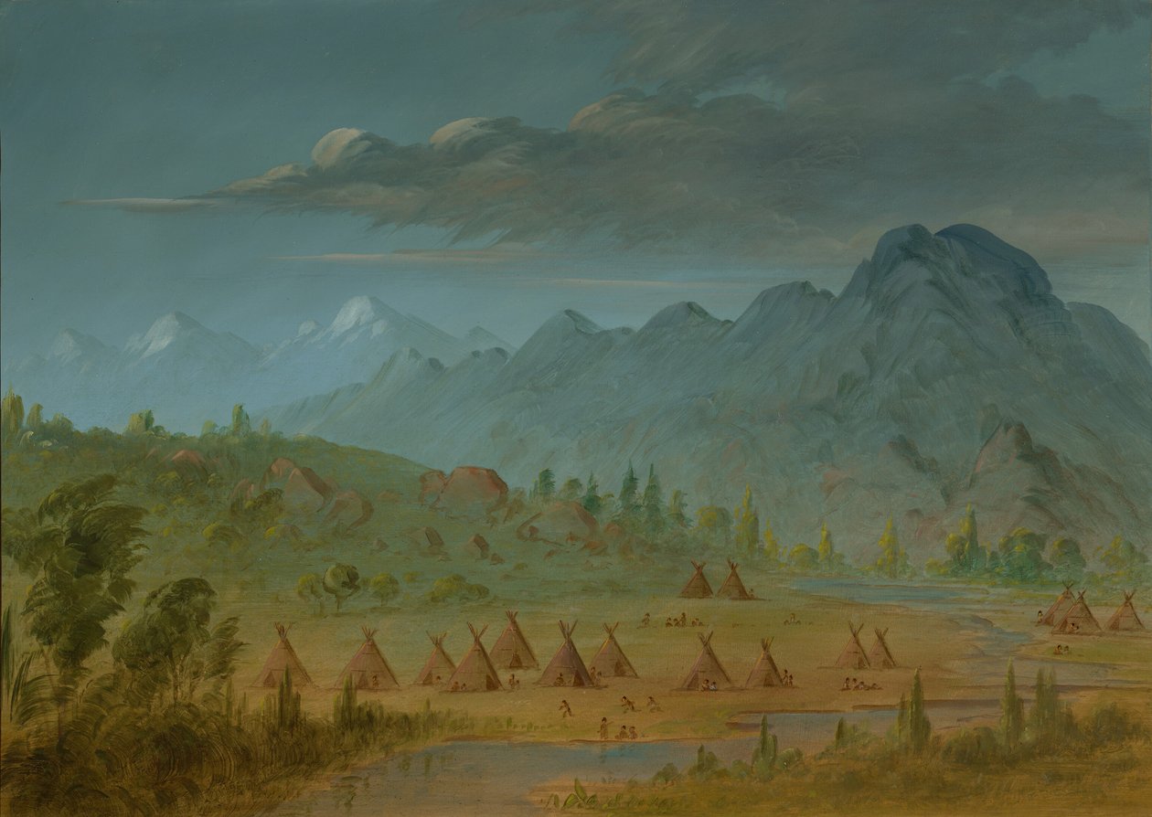 Un pueblo Crow y las montañas del río Salmon de George Catlin