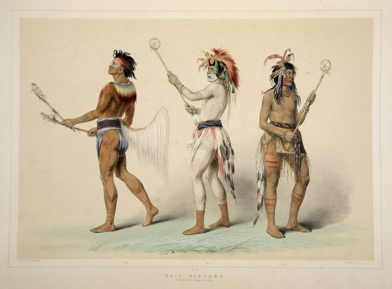 Jugadores de Pelota, de la Cartera de Indios Norteamericanos de Catlin. Escenas de Caza y Diversiones de las Montañas Rocosas y Praderas de América, pub. 1845 de George Catlin