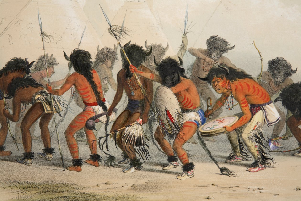 Baile de búfalos (detalle), pub. litografía en color de 1845 de George Catlin