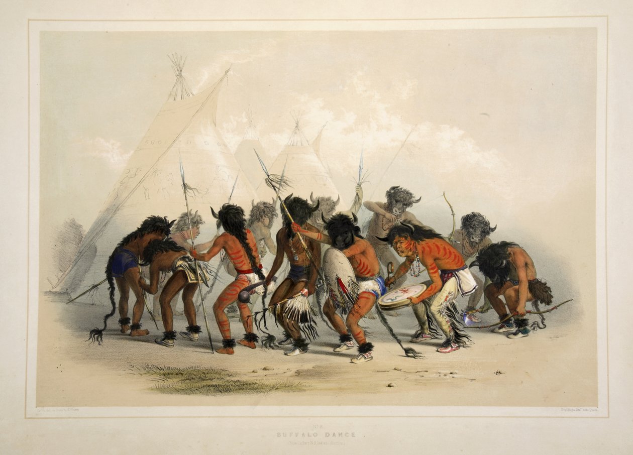 Danza del Búfalo, de la Cartera de Indios de América del Norte de Catlin. Escenas de Caza y Diversiones de las Montañas Rocosas y Praderas de América, pub. 1845 de George Catlin