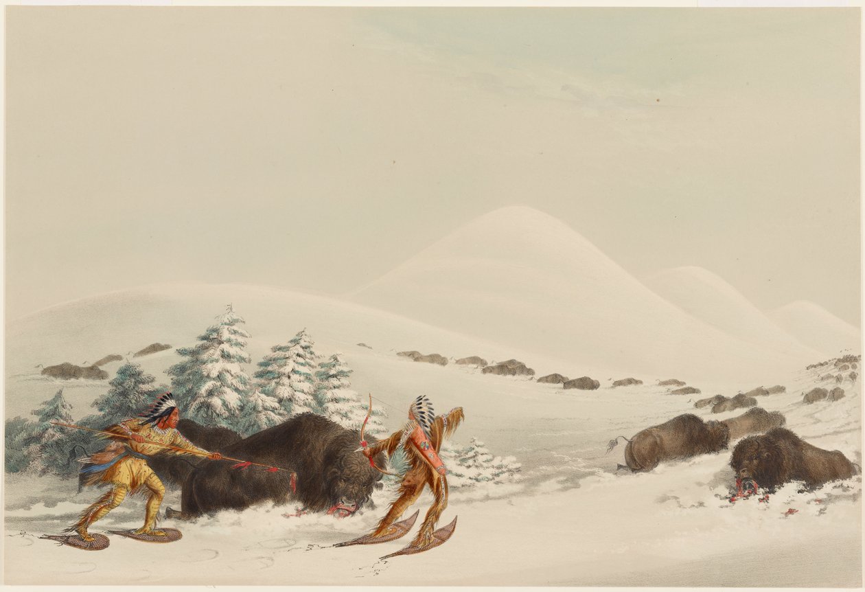 Caza de bisontes con raquetas de nieve de George Catlin