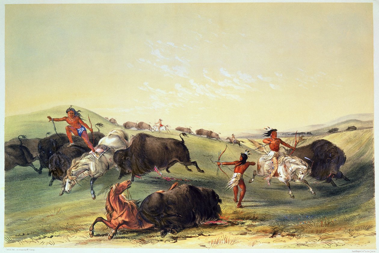 Caza de búfalos, lámina 7 de la colección de indios norteamericanos de Catlin, grabado por McGahey, Day y Haghe de George Catlin