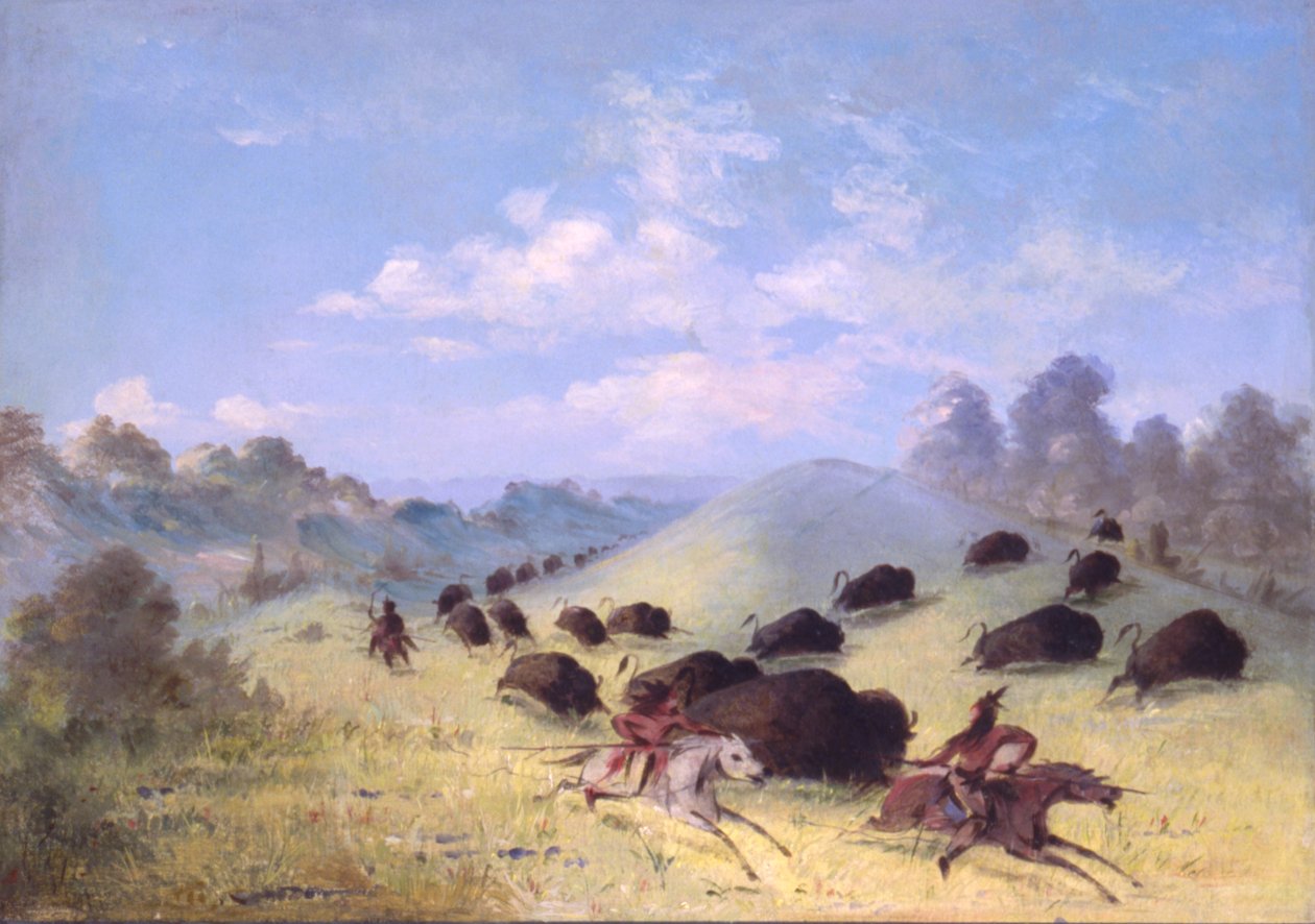Indios comanches persiguiendo búfalos con lanzas y arcos, 1846-1848 de George Catlin