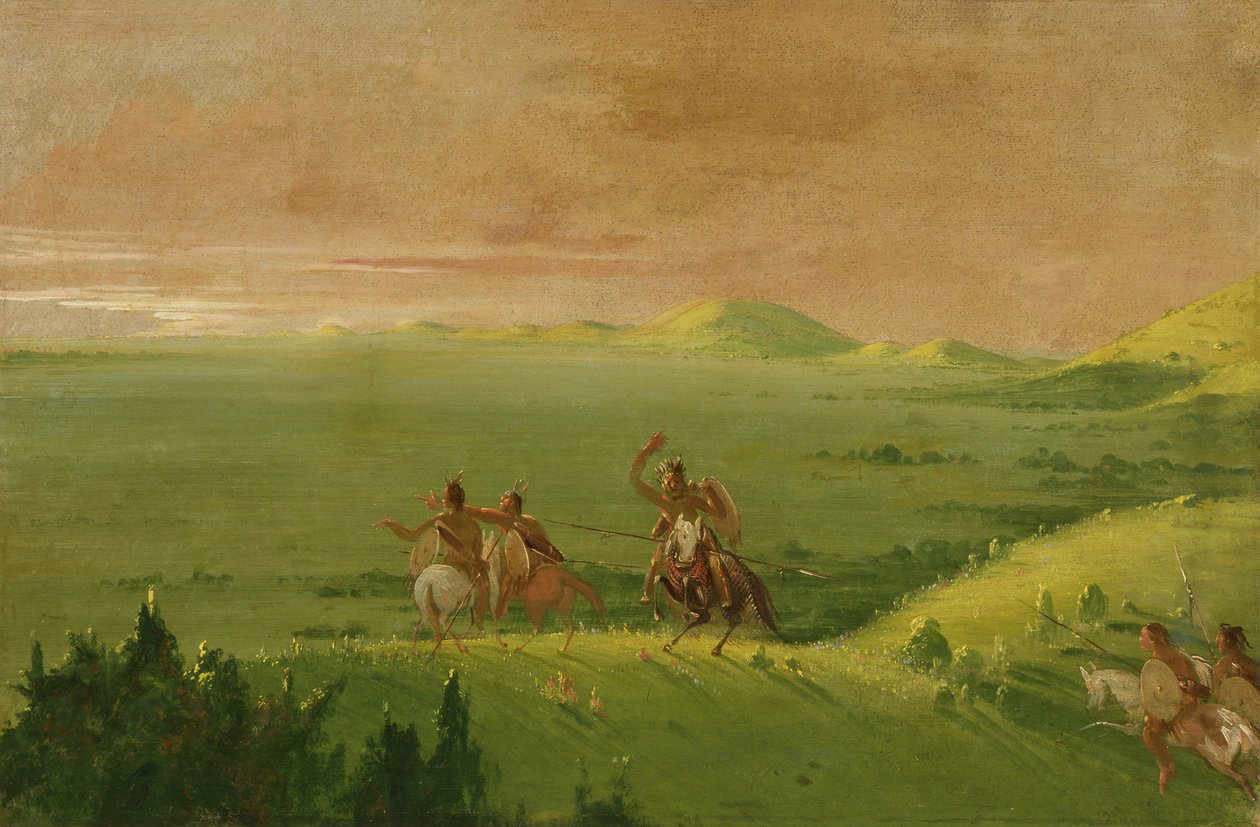 Partida de guerra comanche, jefe descubriendo al enemigo y animando a sus hombres al amanecer, 1834-1835 de George Catlin