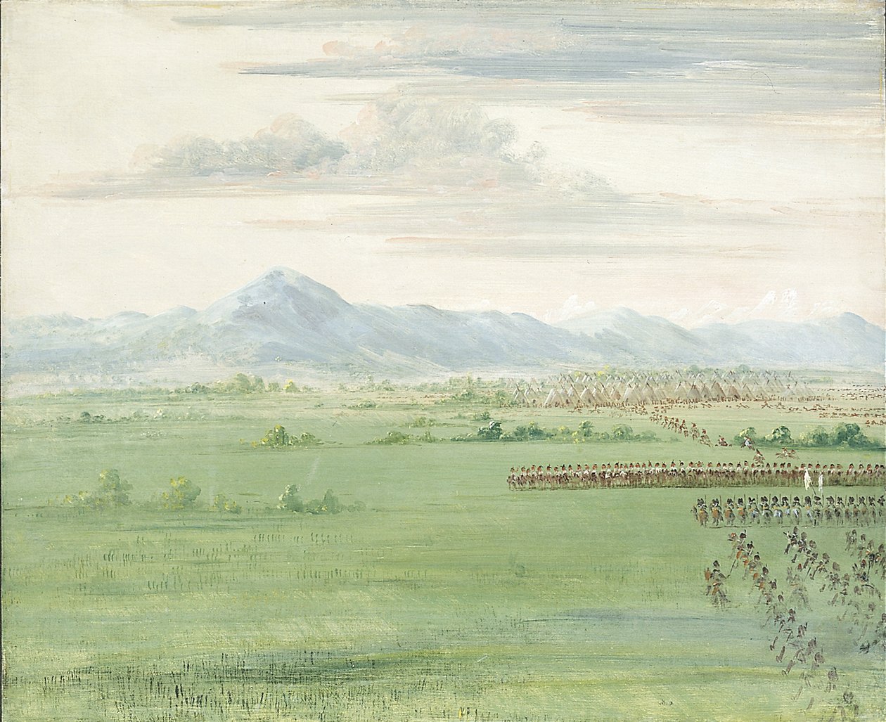 Guerreros comanches, con bandera blanca, recibiendo a los dragones de George Catlin