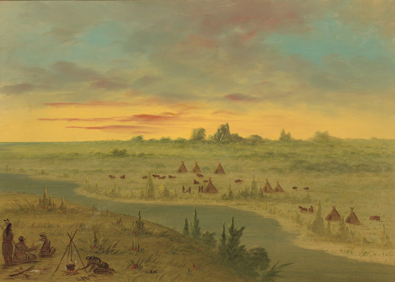 Campamento de indios Pawnee al atardecer de George Catlin