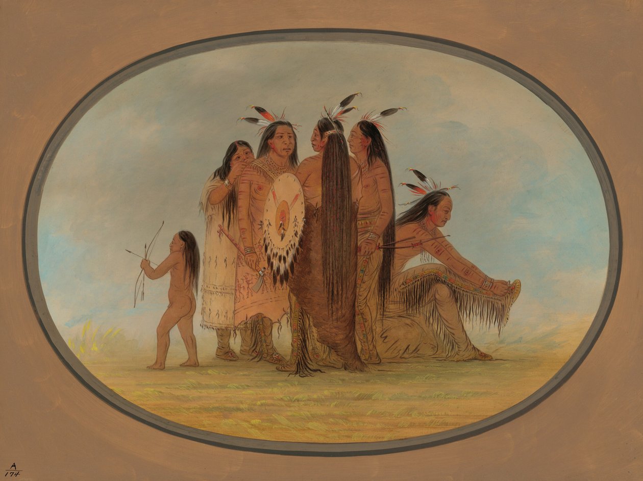 Cuatro guerreros Mandan, una niña y un niño, 1861-1869 de George Catlin
