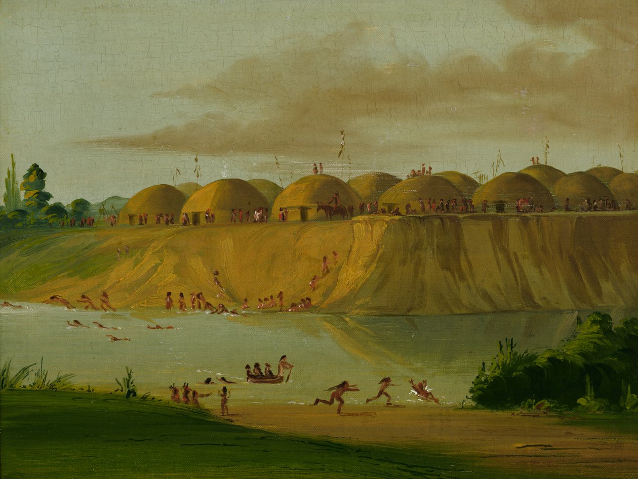 Aldea Hidatsa, cabañas cubiertas de tierra, en el río Knife, 1810 millas arriba de St. Louis, 1832 de George Catlin