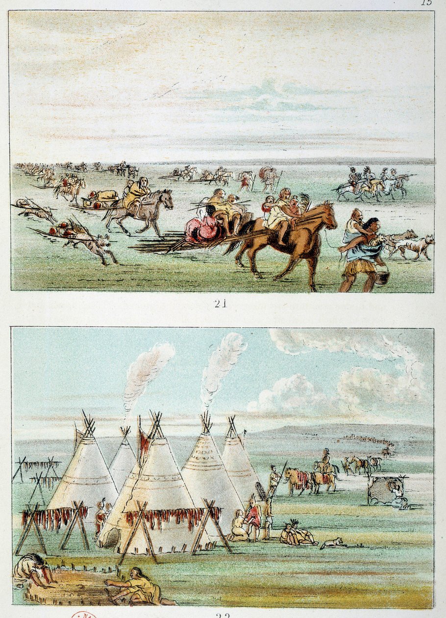 Indios de América: (arriba) tribu moviéndose con pieles para la venta. (abajo) tribu de 500 a 600 tipis. Ilustración de George Catlin (1794-1872) de George Catlin