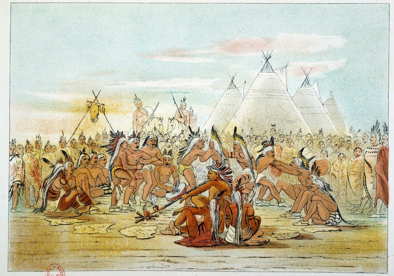 Indios de América: Tribu Assiniboin parecida a los Sioux bailando la danza de la pipa. Ilustración de George Catlin de George Catlin