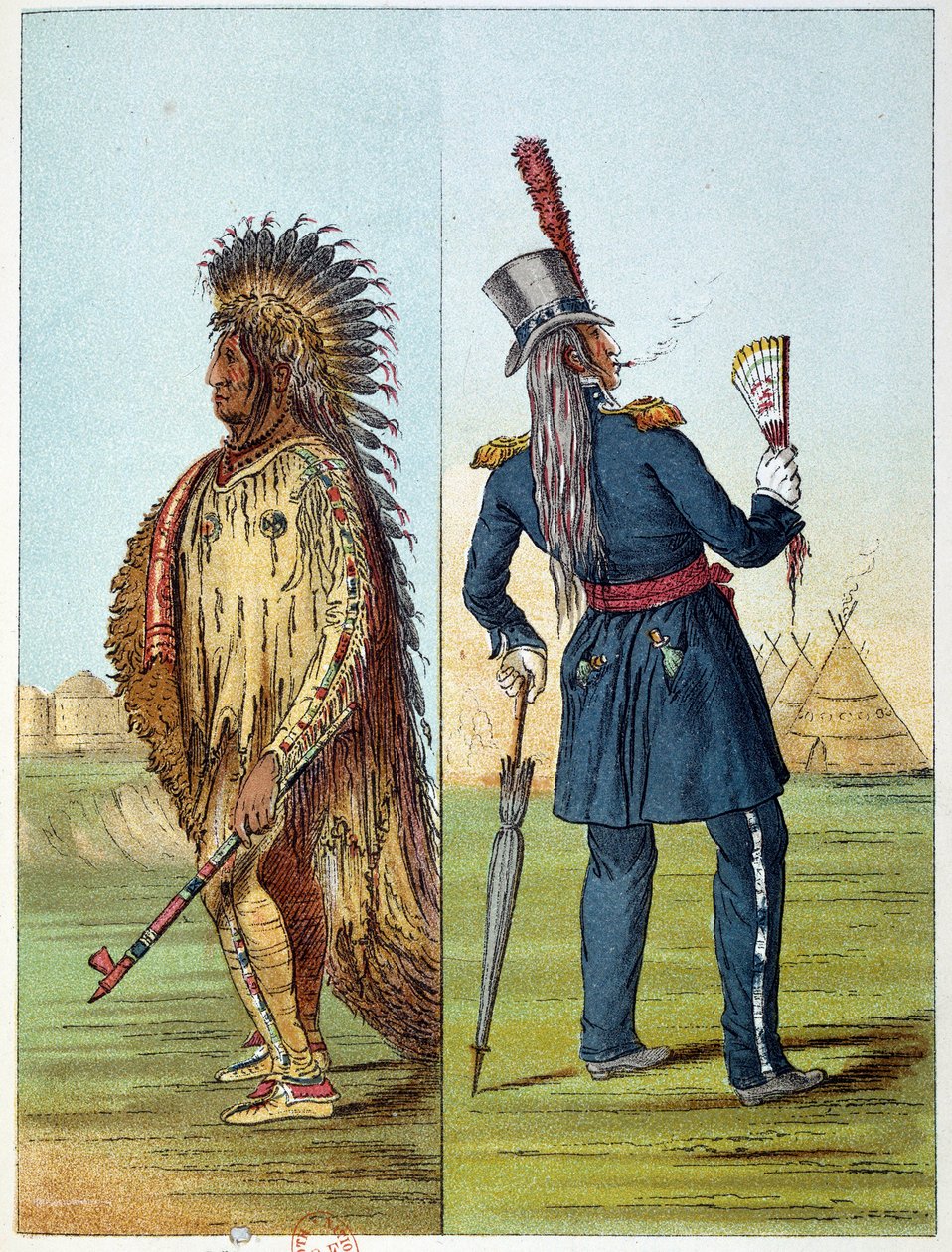 Indios de América: indio assiniboin vestido de militar con dos botellas de whisky en sus bolsillos. Ilustración de George Catlin de George Catlin