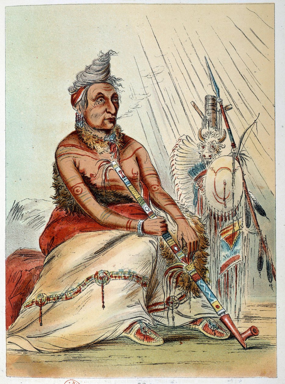 Indios de América: retrato de un viejo jefe indio fumando su pipa llamado El Mocasin Negro. Ilustración de George Catlin de George Catlin