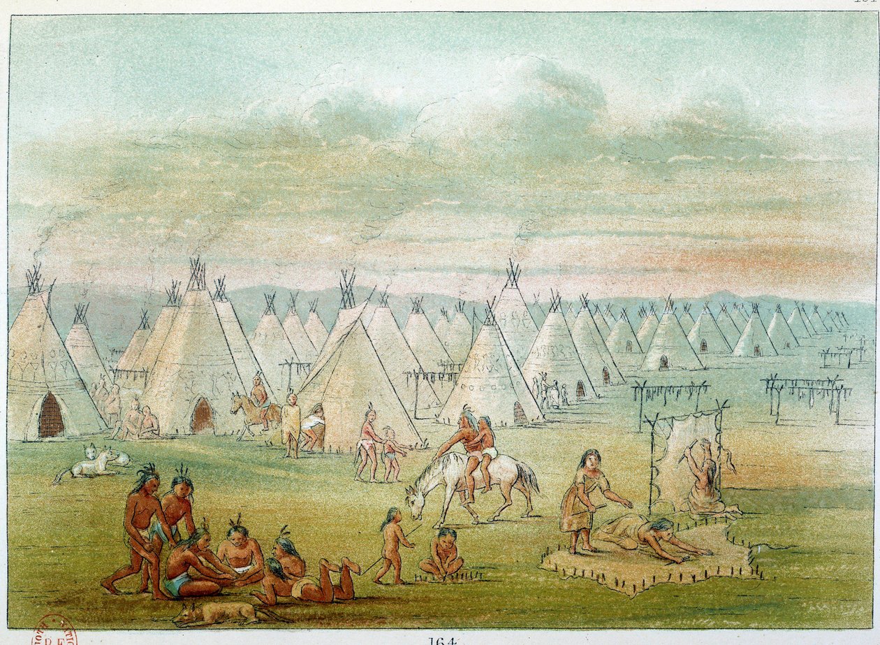 Indios de América: aldea comanche, las tiendas están hechas de pieles de bisonte. Ilustración de George Catlin (1794-1872) de George Catlin