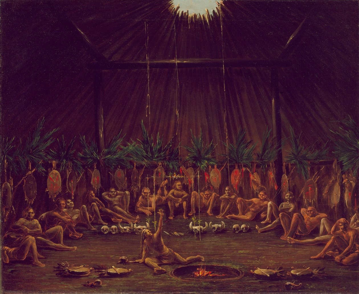 Vista interior del Medicine Lodge, ceremonia Mandan O-kee-pa de George Catlin