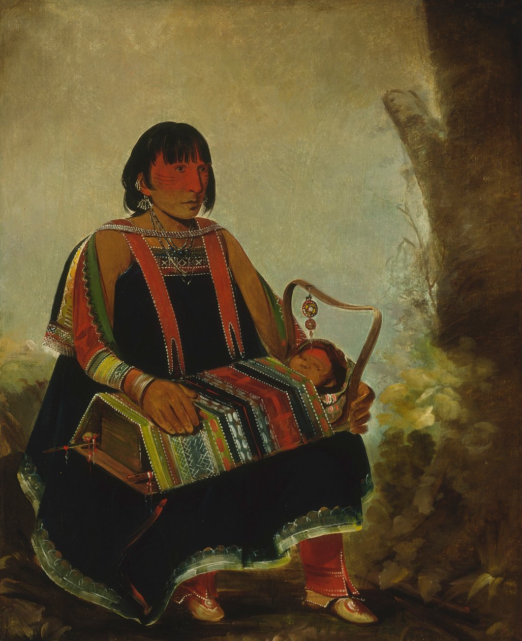 Jú-ah-kís-gaw, Mujer con su hijo en una cuna de George Catlin